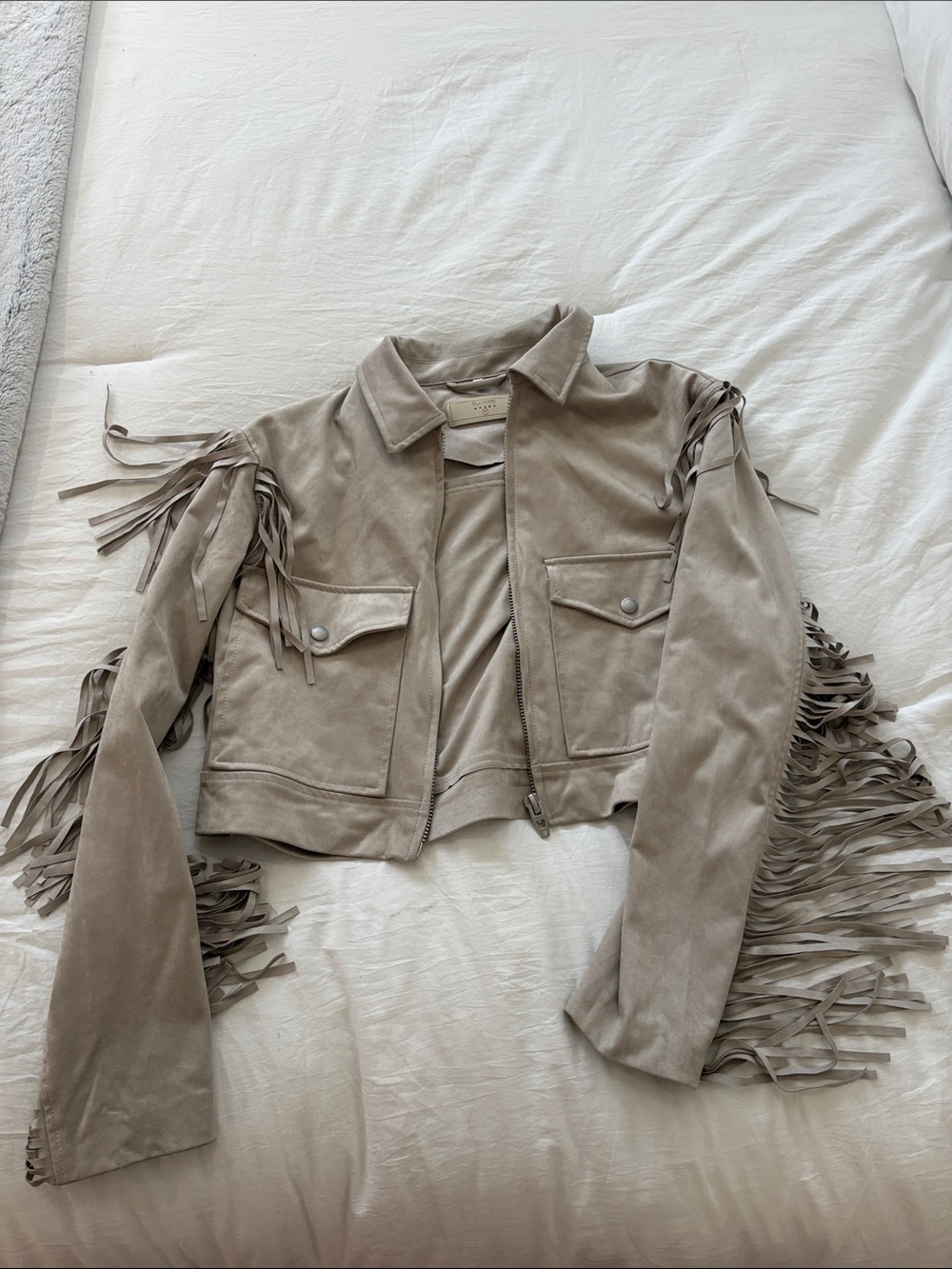 Blank NYC Taupe Suede Fringe Cropped Jacket